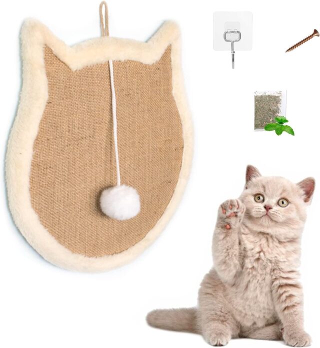 SnowTing Cat Head Scratching Pad Scratcher Sisal Mat with Plush Wall Mount or Floor Use - Image 3