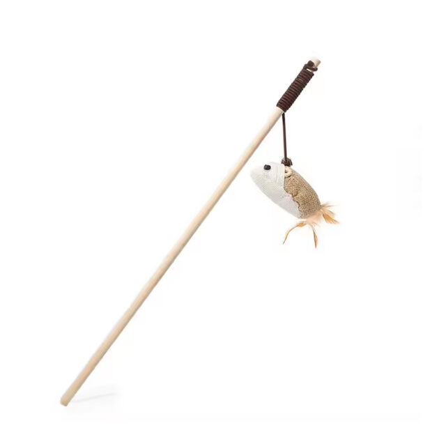 Natural Wood Cat Teaser Wand Toy with Teaser Refills for Cats